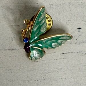 Vintage Butterfly enameled and jeweled gold tone brooch pin. 90s Unique Boho